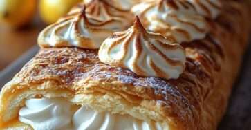Golden crispy lemon meringue puff pastry layered with smooth lemon cream and whipped cream, topped with piped toasted meringue and finished with a light caramelized surface.