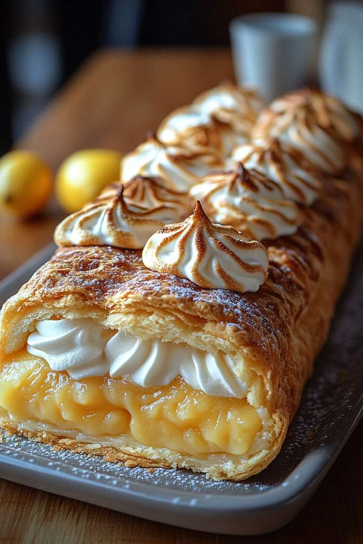 Golden crispy lemon meringue puff pastry layered with smooth lemon cream and whipped cream, topped with piped toasted meringue and finished with a light caramelized surface.