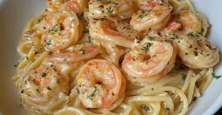 A plate of creamy garlic shrimp spaghetti topped with Parmesan cheese, fresh parsley, and juicy golden shrimp in a rich white sauce.