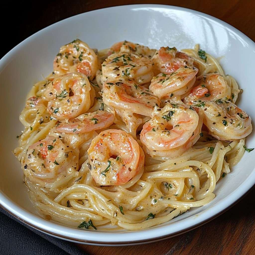 A plate of creamy garlic shrimp spaghetti topped with Parmesan cheese, fresh parsley, and juicy golden shrimp in a rich white sauce.