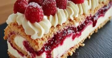 A no-bake mascarpone and raspberry Swiss roll topped with fresh raspberries, powdered sugar, and mint leaves, sliced on a serving plate with a creamy layered interior.