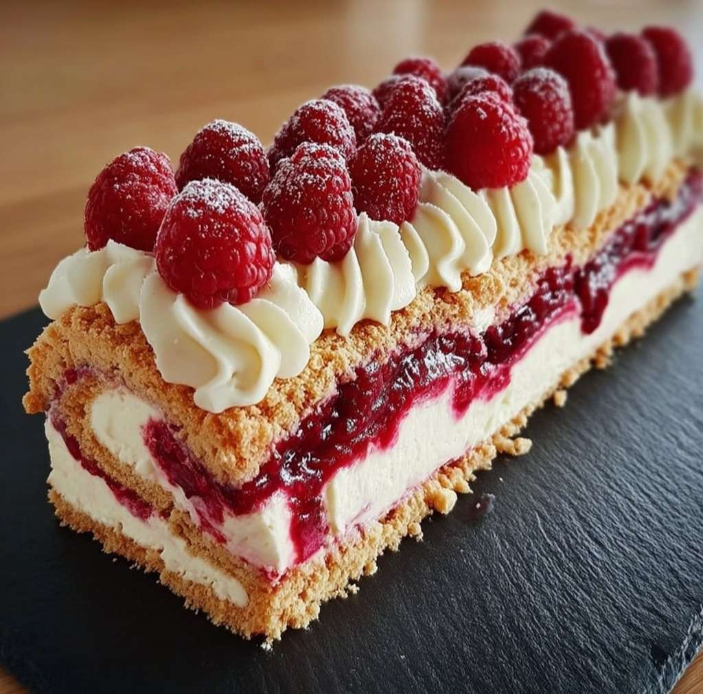 A no-bake mascarpone and raspberry Swiss roll topped with fresh raspberries, powdered sugar, and mint leaves, sliced on a serving plate with a creamy layered interior.