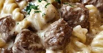 A bowl of Beef Rotini Pasta coated in creamy garlic Parmesan sauce with tender browned beef pieces, garnished with parsley and extra grated cheese.