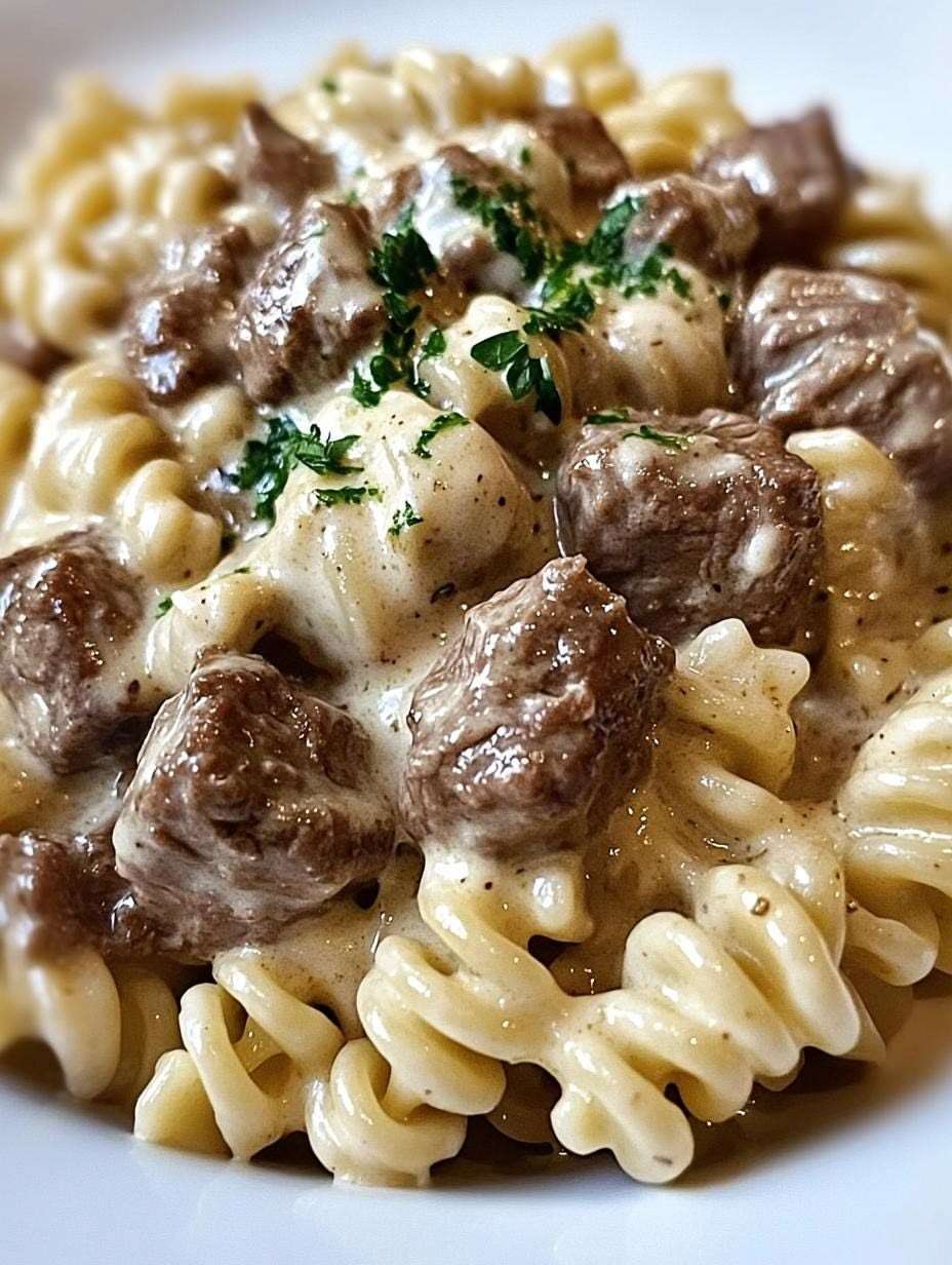 A bowl of Beef Rotini Pasta coated in creamy garlic Parmesan sauce with tender browned beef pieces, garnished with parsley and extra grated cheese.