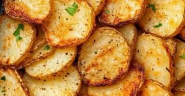 Golden crispy air fryer potato slices with paprika seasoning, arranged on a plate with fresh parsley and a crunchy exterior.