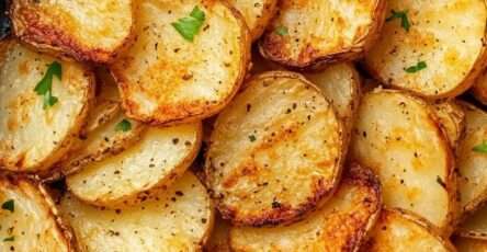 Golden crispy air fryer potato slices with paprika seasoning, arranged on a plate with fresh parsley and a crunchy exterior.