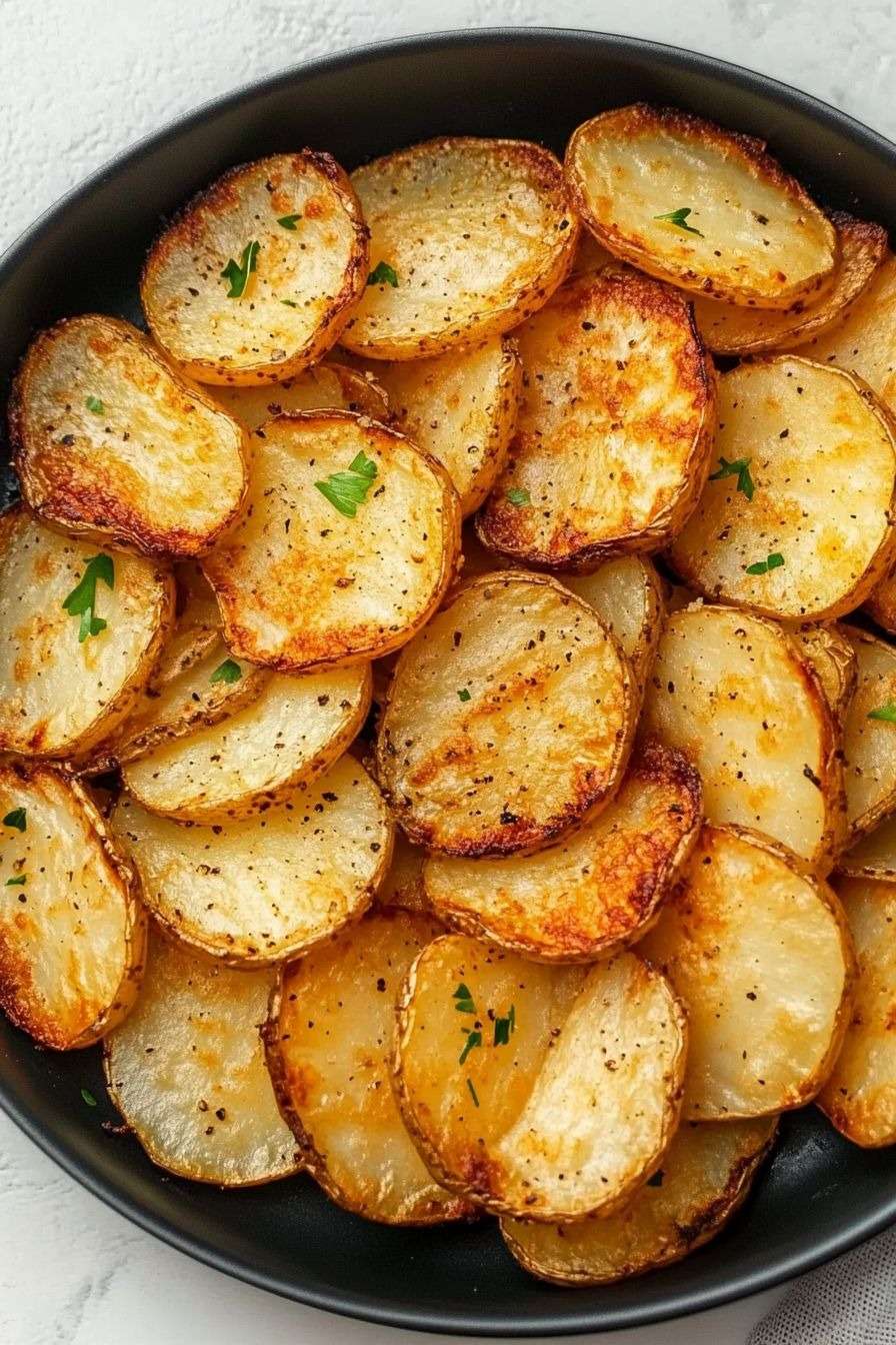 Golden crispy air fryer potato slices with paprika seasoning, arranged on a plate with fresh parsley and a crunchy exterior.
