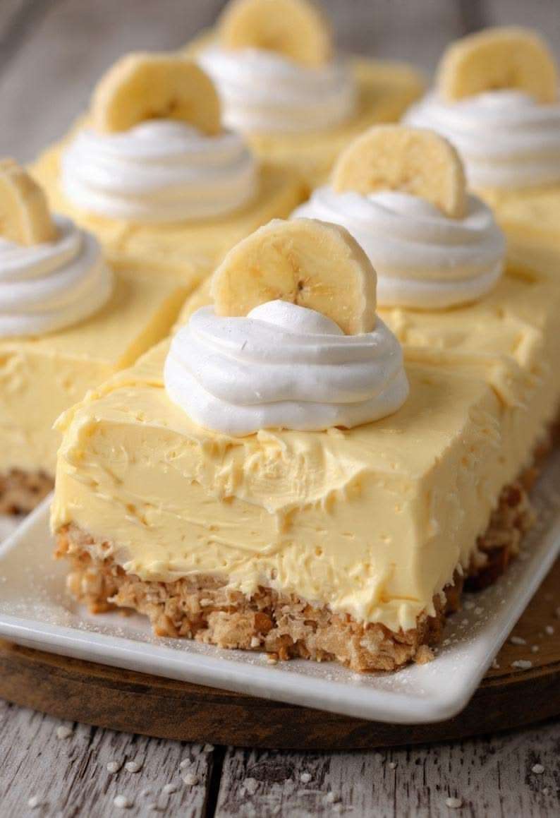 A no bake ultra creamy banana cheesecake with a golden biscuit crust, smooth banana filling, topped with whipped cream and fresh banana slices on a serving plate.
