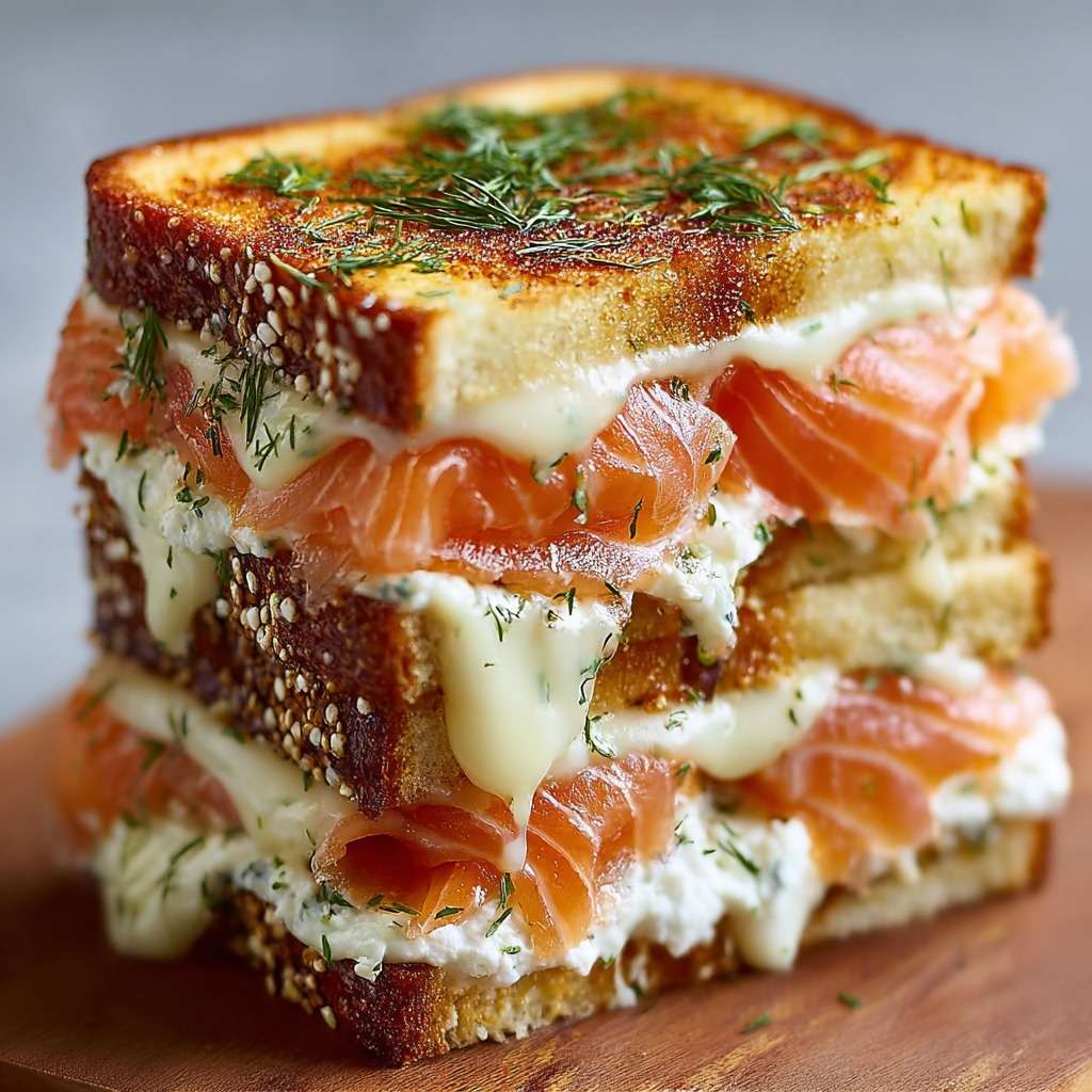 Golden smoked salmon and Boursin croque made with toasted white bread, melted cheese on top, creamy filling, and fresh dill, served hot on a plate.