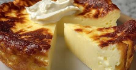 A golden ultra-creamy baked cheesecake in a round dish, sliced and served on a plate, with a soft smooth center and lightly browned top.