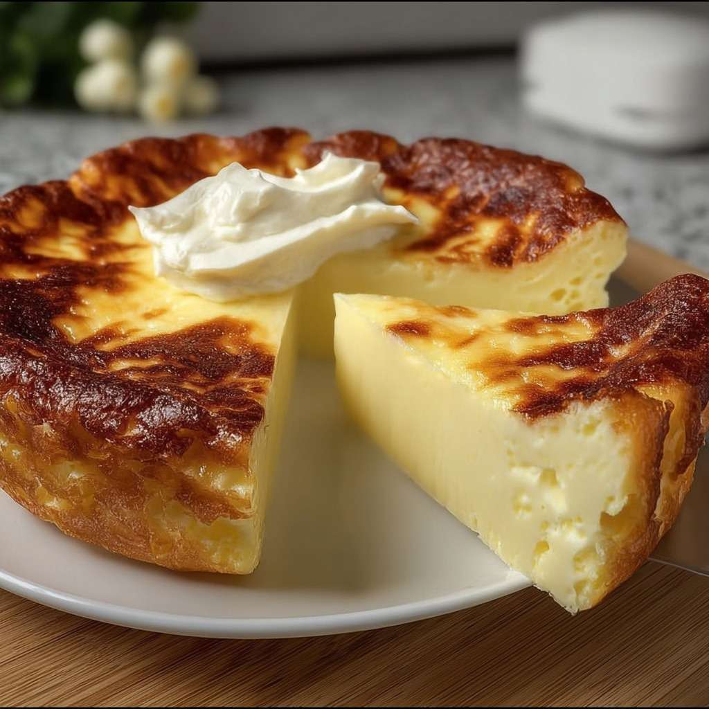 A golden ultra-creamy baked cheesecake in a round dish, sliced and served on a plate, with a soft smooth center and lightly browned top.