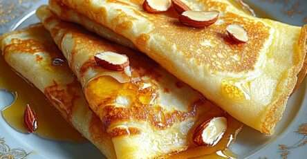 Folded French crepes with honey arranged in triangles, drizzled with golden honey and topped with toasted almonds and powdered sugar on a plate.