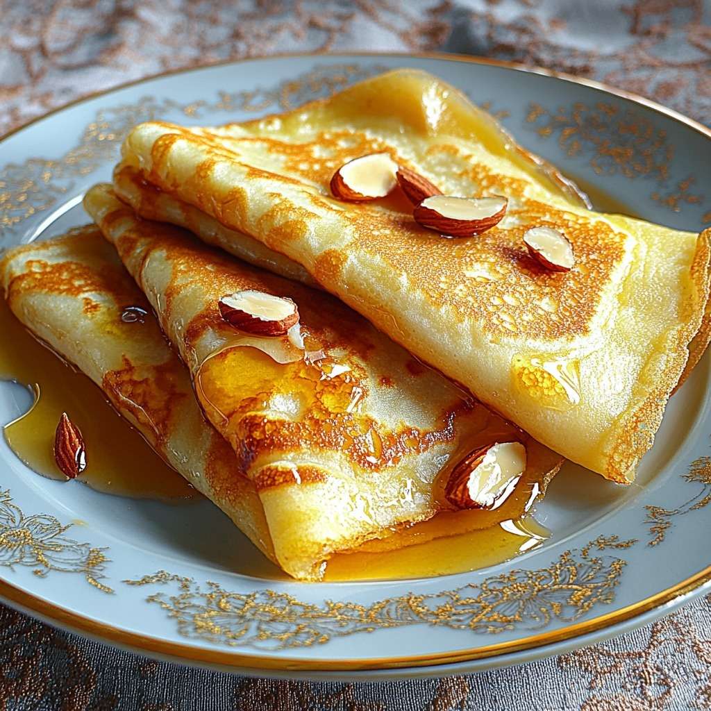 Folded French crepes with honey arranged in triangles, drizzled with golden honey and topped with toasted almonds and powdered sugar on a plate.