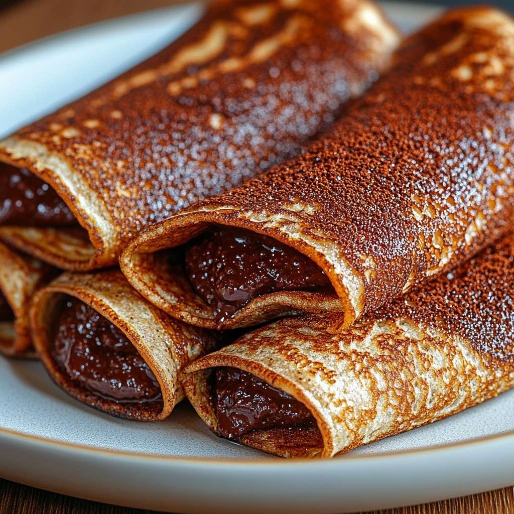Rolled chocolate crepe filled with chocolate hazelnut spread, sliced and dusted with powdered sugar, served on a plate with a soft texture.