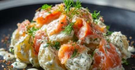 Creamy potato salad with smoked salmon, fresh dill, and mustard dressing, served slightly warm with visible potato slices and salmon pieces.