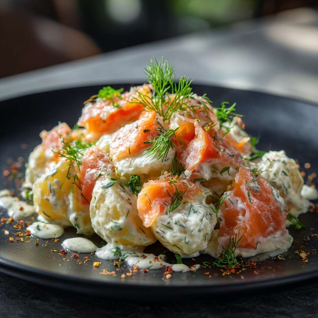Creamy potato salad with smoked salmon, fresh dill, and mustard dressing, served slightly warm with visible potato slices and salmon pieces.