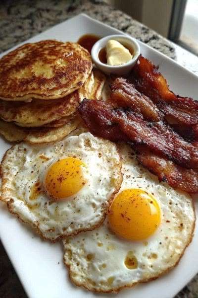 A classic American breakfast plate with a stack of fluffy pancakes topped with butter and maple syrup, crispy bacon strips, and sunny-side-up eggs with runny yolks.