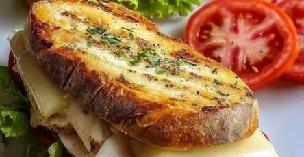 A golden garlic bread grilled club sandwich filled with turkey, ham, melted cheese, lettuce, and tomato, cut diagonally and served warm on a plate.