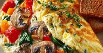 A fluffy veggie cheese omelette filled with mushrooms, bell peppers, spinach, and melted cheese, garnished with herbs and served with toasted bread.