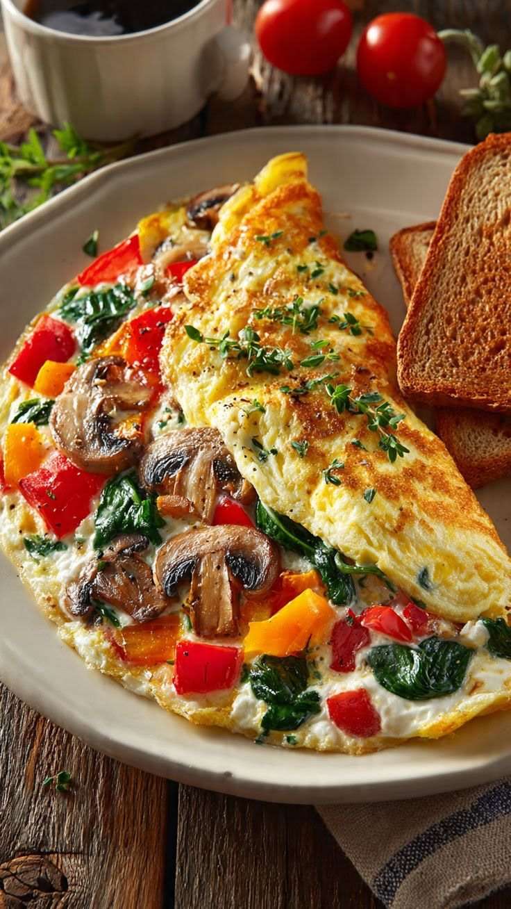 A fluffy veggie cheese omelette filled with mushrooms, bell peppers, spinach, and melted cheese, garnished with herbs and served with toasted bread.