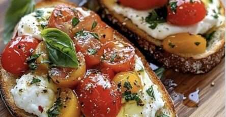Toasted bread rounds topped with torn burrata bruschetta and marinated cherry tomatoes, basil, olive oil, and balsamic juices, served as an Italian appetizer