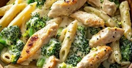 A bowl of creamy chicken and broccoli penne pasta coated in a rich Parmesan sauce with tender chicken pieces and bright green broccoli florets.