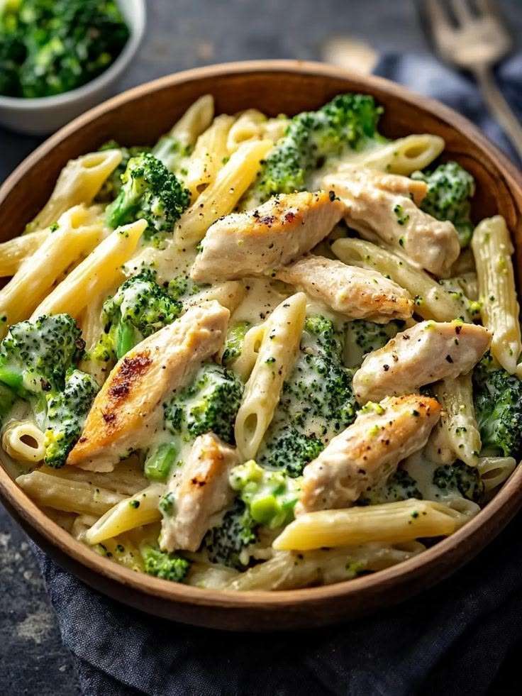 A bowl of creamy chicken and broccoli penne pasta coated in a rich Parmesan sauce with tender chicken pieces and bright green broccoli florets.