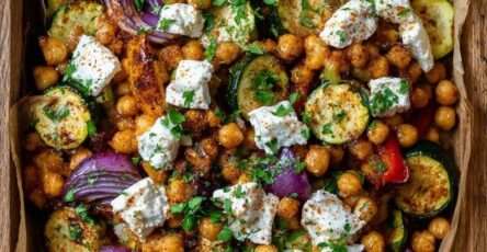 Sheet pan with roasted zucchini rounds, crispy chickpeas, red onion wedges, red bell pepper strips, and warm feta, finished with parsley and lemon