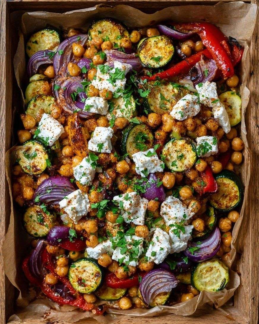 Sheet pan with roasted zucchini rounds, crispy chickpeas, red onion wedges, red bell pepper strips, and warm feta, finished with parsley and lemon