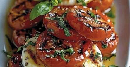 Roasted tomato halves layered with fresh mozzarella slices and basil leaves, drizzled with balsamic and olive oil, served on a platter