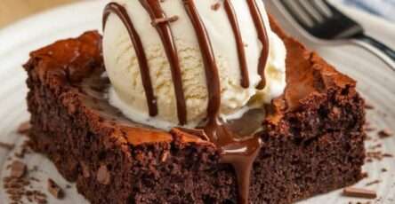 Warm fudgy chocolate brownie topped with a scoop of vanilla ice cream and drizzled with glossy chocolate sauce, served on a dessert plate.