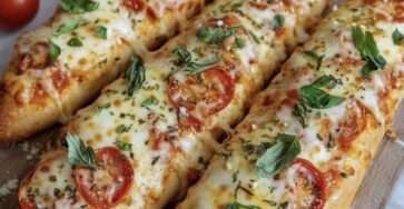 Caprese French bread pizza with melted mozzarella, fresh tomato slices, basil leaves, and a drizzle of balsamic glaze on a crispy toasted baguette.