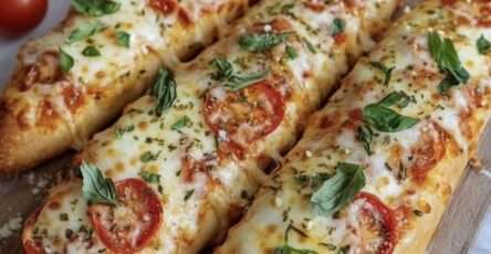 Caprese French bread pizza with melted mozzarella, fresh tomato slices, basil leaves, and a drizzle of balsamic glaze on a crispy toasted baguette.