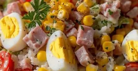 Fresh rice salad in a bowl with fluffy rice, tuna, diced bell peppers, tomatoes, corn, red onion, and herbs, lightly dressed with olive oil vinaigrette.