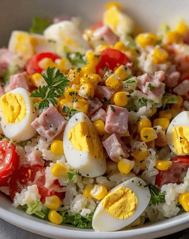 Fresh rice salad in a bowl with fluffy rice, tuna, diced bell peppers, tomatoes, corn, red onion, and herbs, lightly dressed with olive oil vinaigrette.