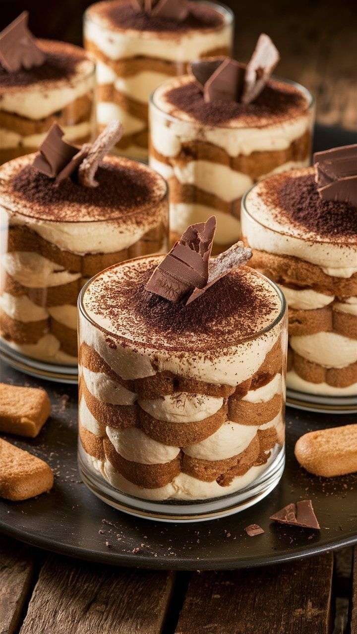 No-bake tiramisu cups in glass jars with layers of coffee-soaked ladyfingers, creamy mascarpone filling, cocoa powder dusting, and chocolate shavings on top.