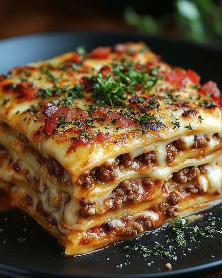 Classic beef lasagna in a baking dish with visible layers of pasta, rich meat sauce, creamy ricotta, and melted golden mozzarella cheese on top.
