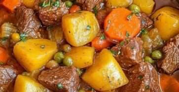 Hearty beef stew in a rustic bowl with tender beef chunks, soft potatoes, carrots, and peas in a rich thick broth garnished with fresh parsley.