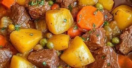 Hearty beef stew in a rustic bowl with tender beef chunks, soft potatoes, carrots, and peas in a rich thick broth garnished with fresh parsley.