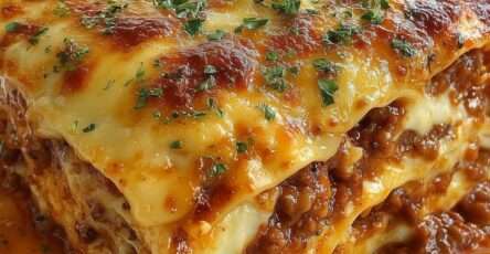 Golden baked beef lasagna layered with pasta sheets, rich tomato meat sauce, creamy béchamel, and melted cheese, sliced and served warm on a plate.