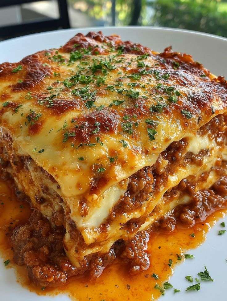 Golden baked beef lasagna layered with pasta sheets, rich tomato meat sauce, creamy béchamel, and melted cheese, sliced and served warm on a plate.