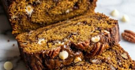 A moist homemade Nutella chocolate chip banana bread loaf sliced on a wooden board, showing a soft banana crumb, melted chocolate chips, and rich Nutella swirls on top.