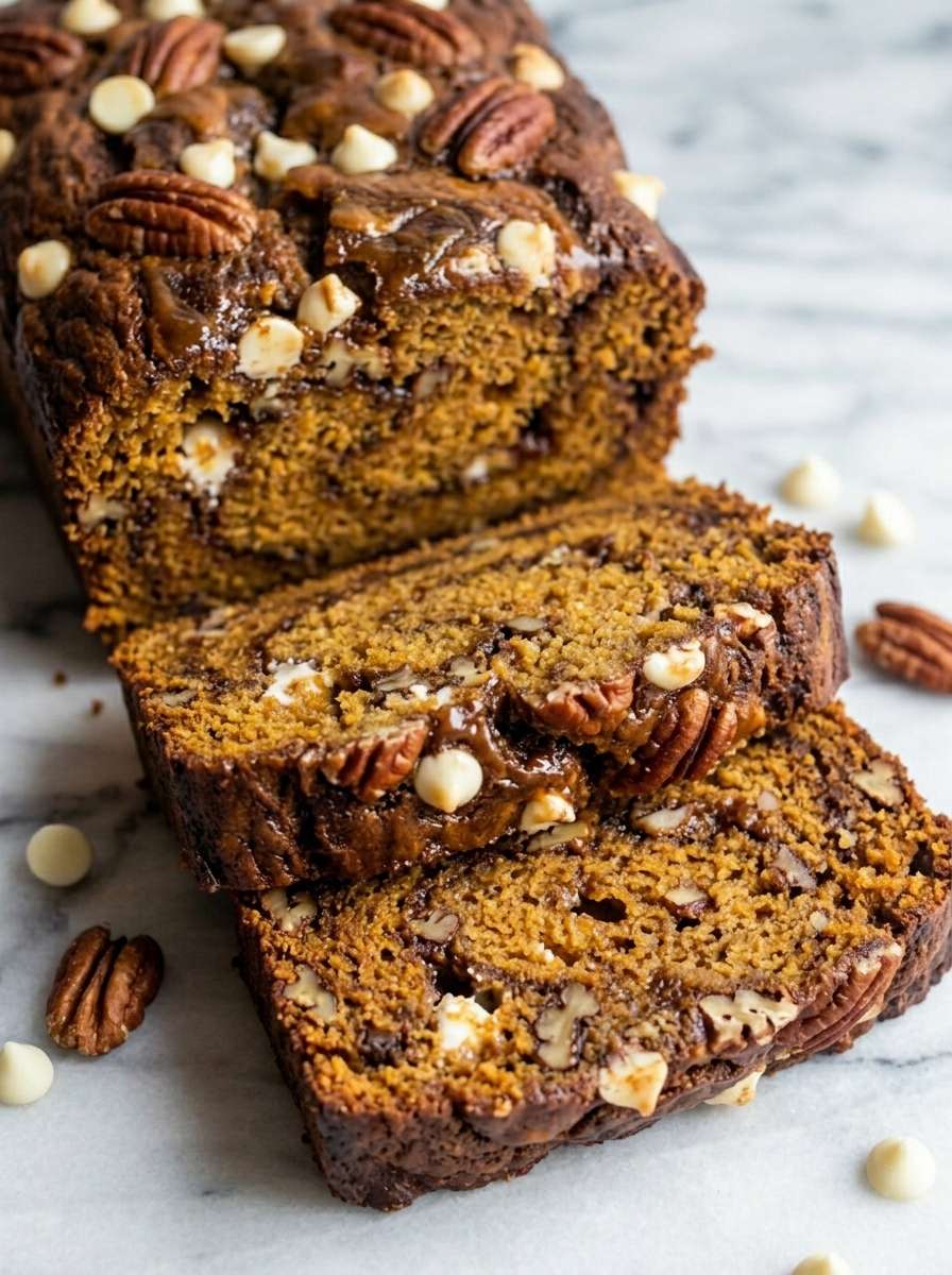A moist homemade Nutella chocolate chip banana bread loaf sliced on a wooden board, showing a soft banana crumb, melted chocolate chips, and rich Nutella swirls on top.