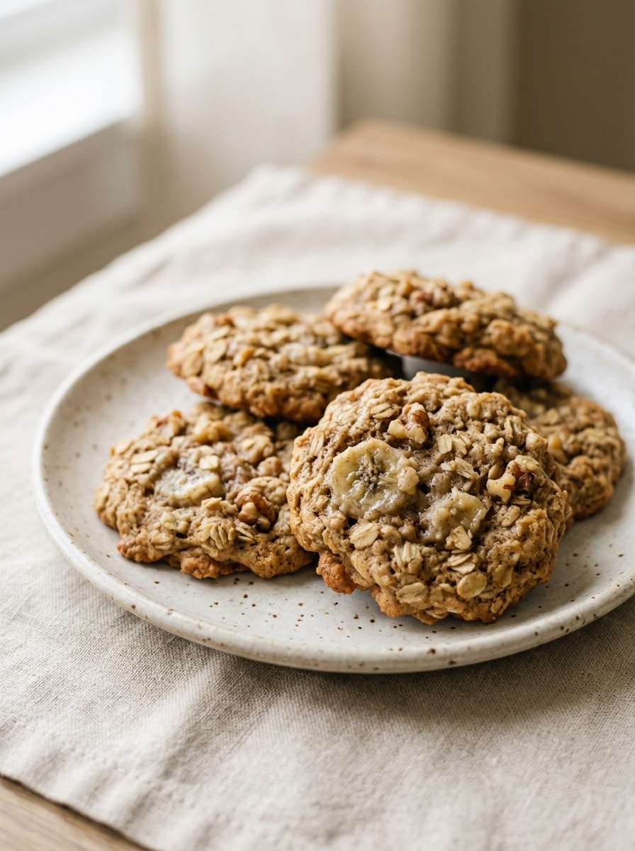 Banana oat cookies recipe served on a plate with soft texture, visible oats, and a healthy homemade look for kids snack time