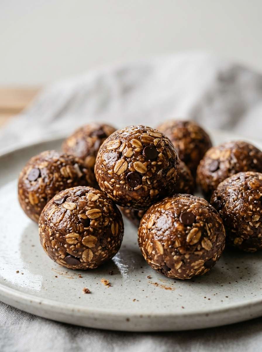 Energy balls recipe no bake with oats peanut butter and cocoa arranged on a plate with healthy snack appearance