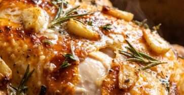 Whole roasted chicken with golden crispy skin, surrounded by roasted baby potatoes, garnished with herbs and lemon, served on a rustic tray. Easy Sunday Dinner