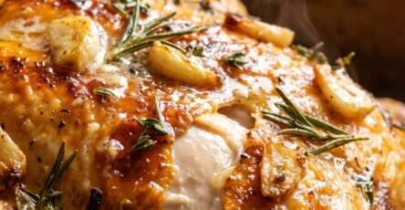 Whole roasted chicken with golden crispy skin, surrounded by roasted baby potatoes, garnished with herbs and lemon, served on a rustic tray. Easy Sunday Dinner