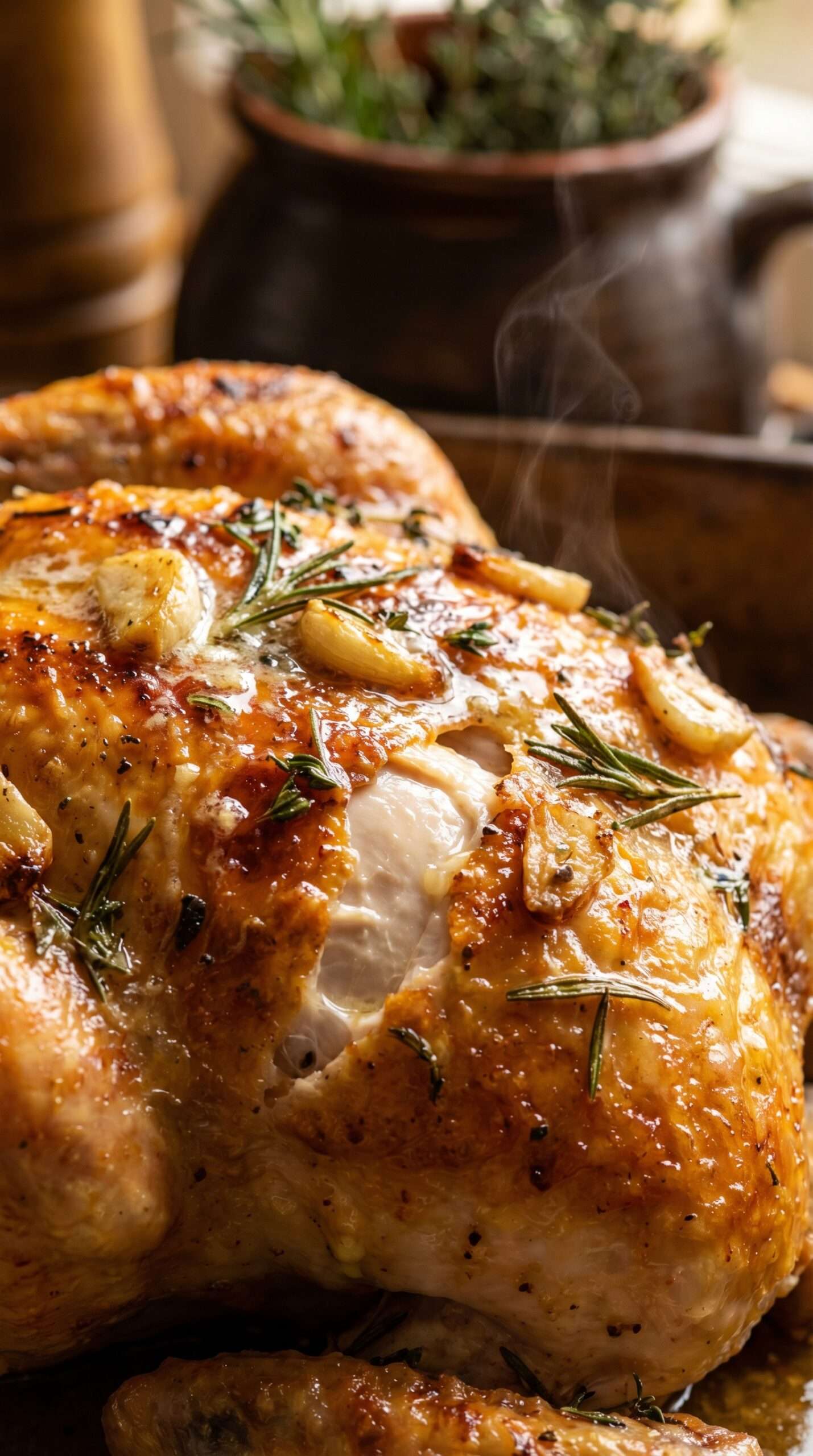 Whole roasted chicken with golden crispy skin, surrounded by roasted baby potatoes, garnished with herbs and lemon, served on a rustic tray. Easy Sunday Dinner