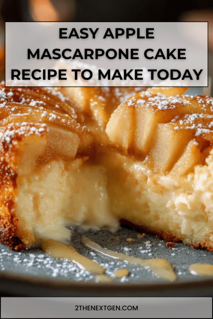 Freshly baked apple mascarpone cake in a round pan, topped with golden apple slices, with a soft moist crumb and creamy texture visible on a sliced piece.