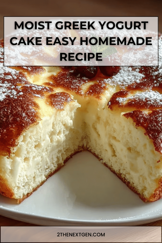 Soft and fluffy Greek yogurt cake sliced on a plate, showing a light airy crumb and golden crust, with a moist tender texture inside.
